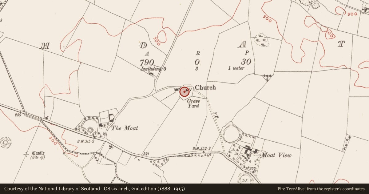 Ordnance Survey six-inch map, 2nd edition (1888–1915) covering the location of Church, Moat, County Meath, with a pin at the register's coordinates