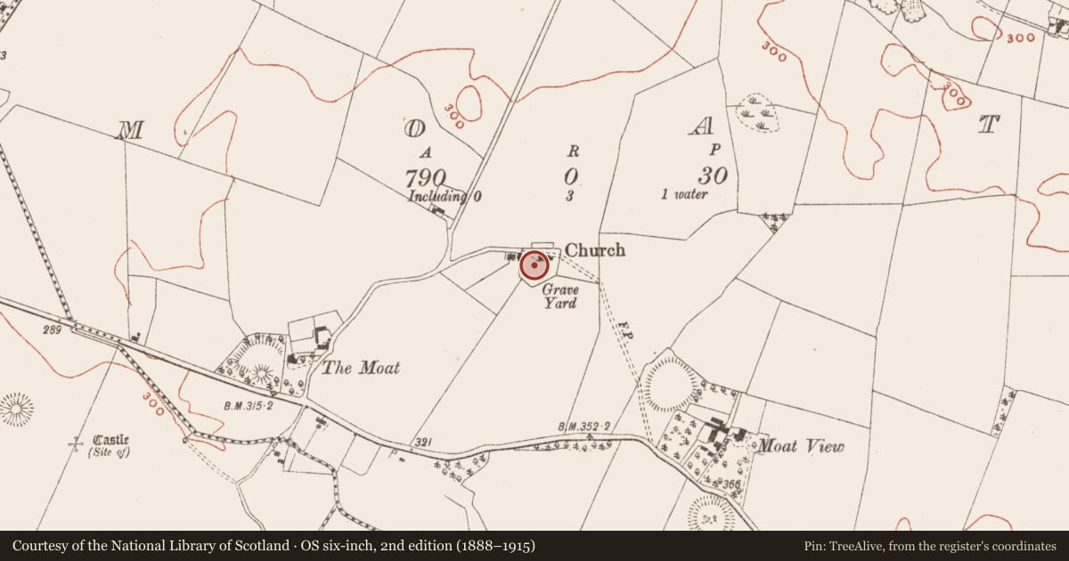 Ordnance Survey six-inch map, 2nd edition (1888–1915) covering the location of Graveyard, Moat, County Meath, with a pin at the register's coordinates