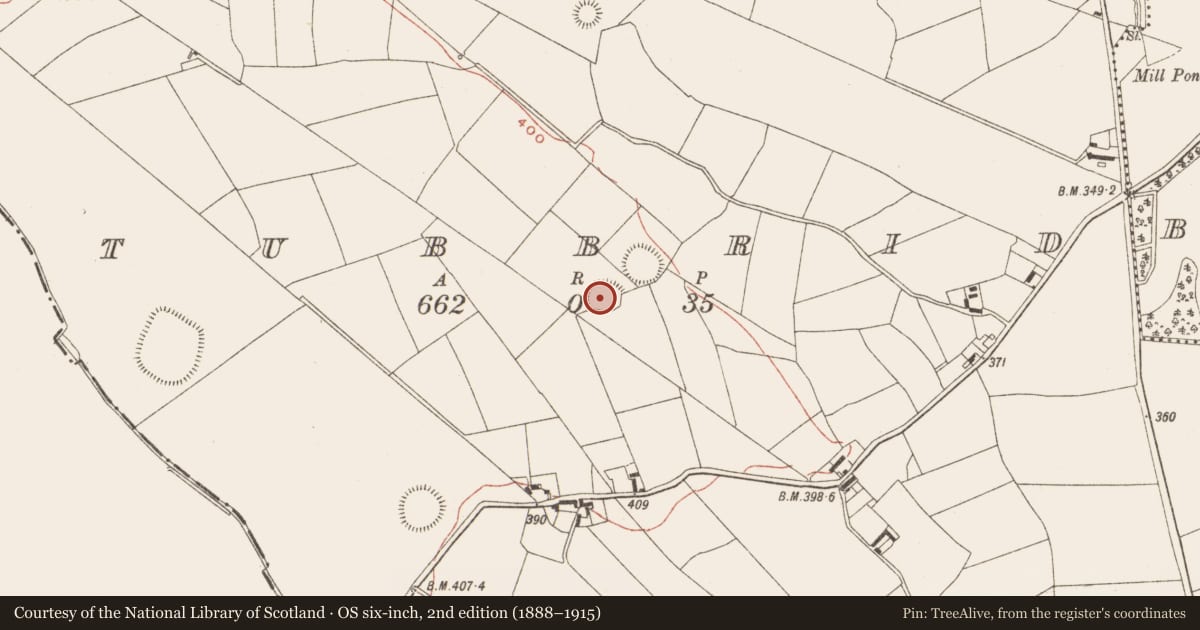 Ordnance Survey six-inch map, 2nd edition (1888–1915) covering the location of Barrow - ring-barrow, Tubbrid, County Meath, with a pin at the register's coordinates