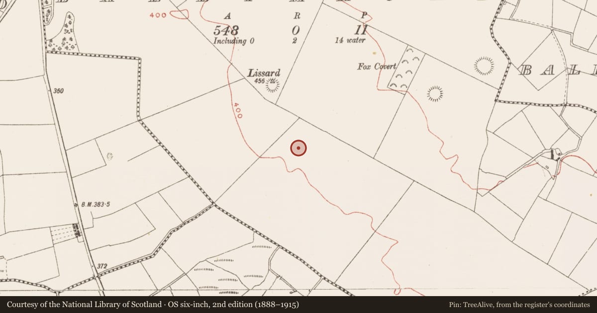 Ordnance Survey six-inch map, 2nd edition (1888–1915) covering the location of Enclosure - large enclosure, Ballymacad, County Meath, with a pin at the register's coordinates