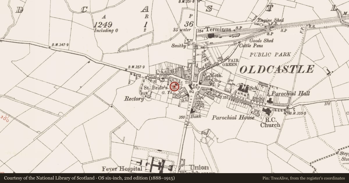 Ordnance Survey six-inch map, 2nd edition (1888–1915) covering the location of Graveyard, Oldcastle, County Meath, with a pin at the register's coordinates