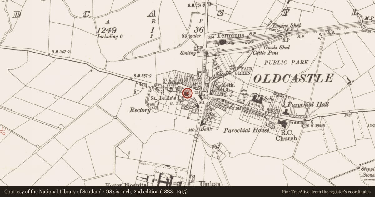 Ordnance Survey six-inch map, 2nd edition (1888–1915) covering the location of Cross, Oldcastle, County Meath, with a pin at the register's coordinates