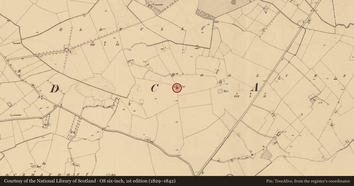 Ordnance Survey six-inch map, 1st edition (1829–1842) covering the location of Ringfort - rath, Boolies, County Meath, with a pin at the register's coordinates