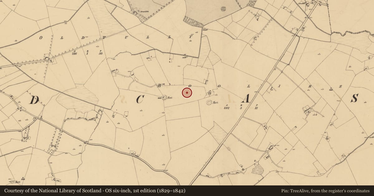 Ordnance Survey six-inch map, 1st edition (1829–1842) covering the location of Standing stone, Boolies, County Meath, with a pin at the register's coordinates
