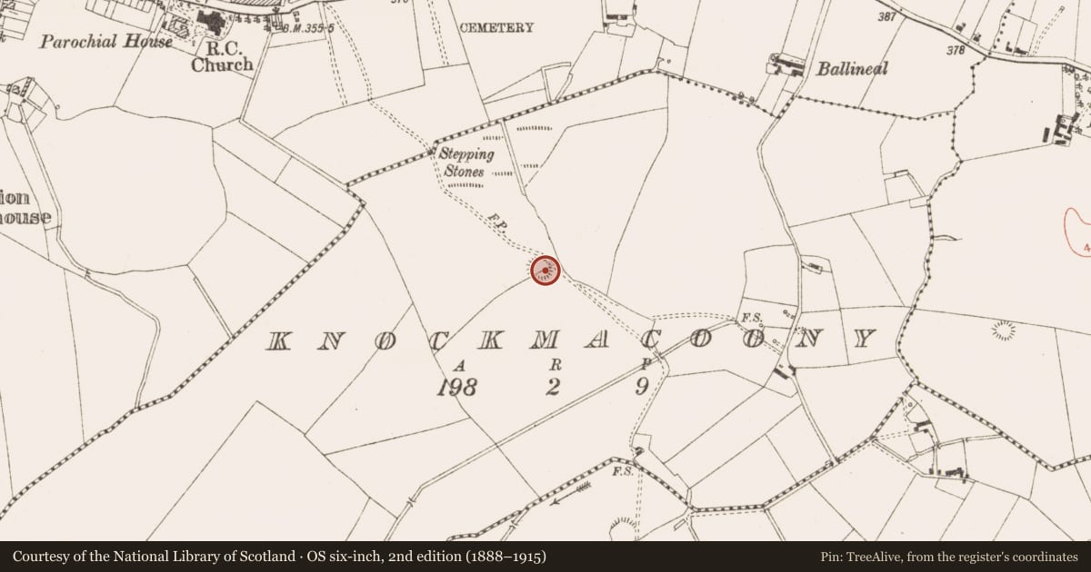 Ordnance Survey six-inch map, 2nd edition (1888–1915) covering the location of Ringfort - rath, Knockmacoony, County Meath, with a pin at the register's coordinates