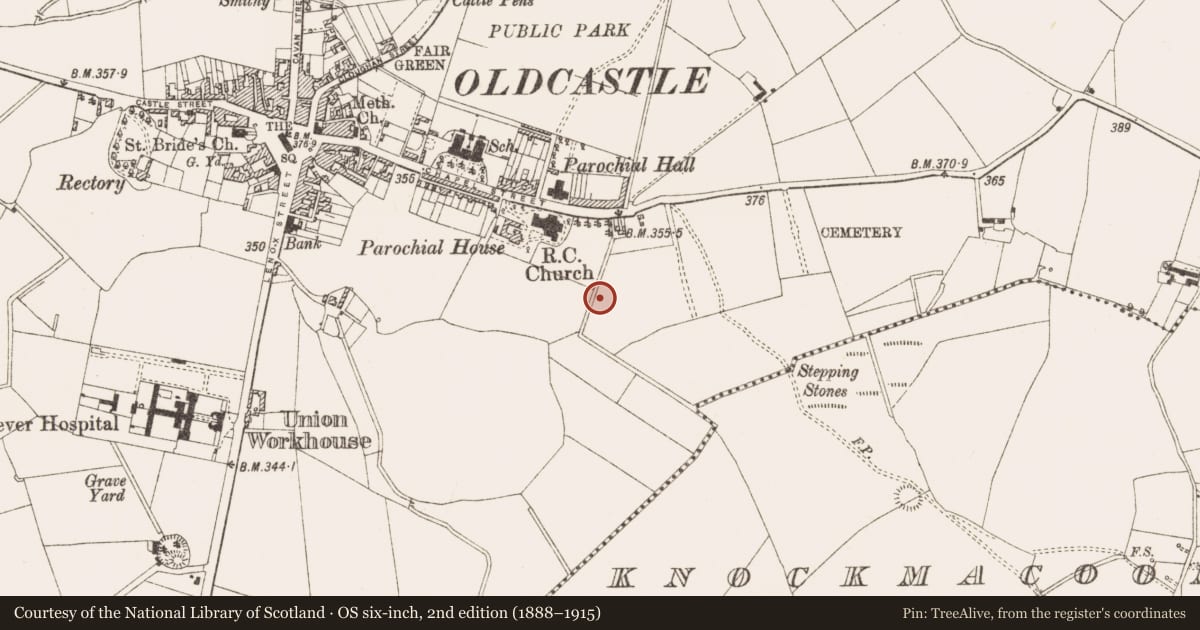 Ordnance Survey six-inch map, 2nd edition (1888–1915) covering the location of Fulacht fia, Oldcastle, County Meath, with a pin at the register's coordinates