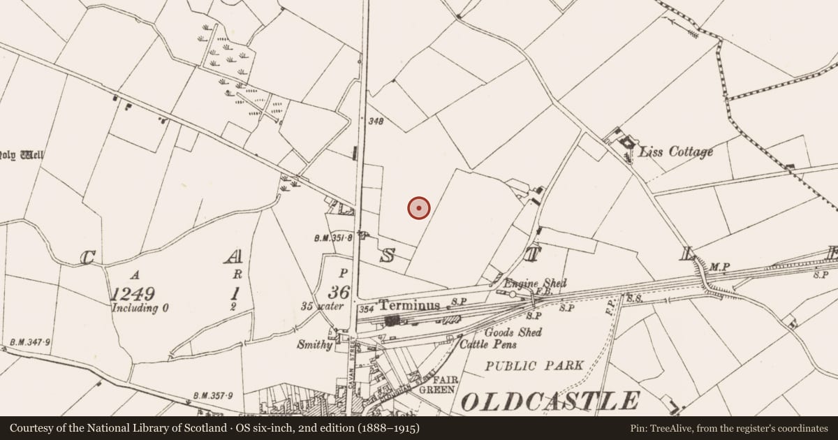 Ordnance Survey six-inch map, 2nd edition (1888–1915) covering the location of Fulacht fia, Oldcastle, County Meath, with a pin at the register's coordinates