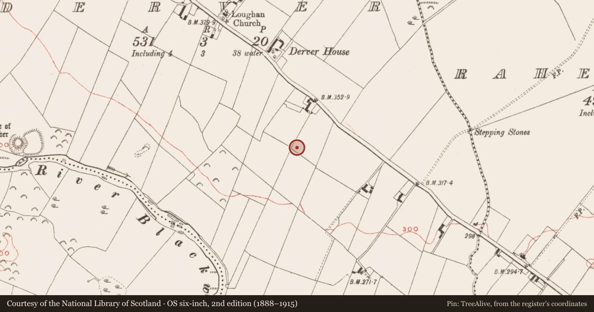 Ordnance Survey six-inch map, 2nd edition (1888–1915) covering the location of Earthwork, Derver, County Meath, with a pin at the register's coordinates