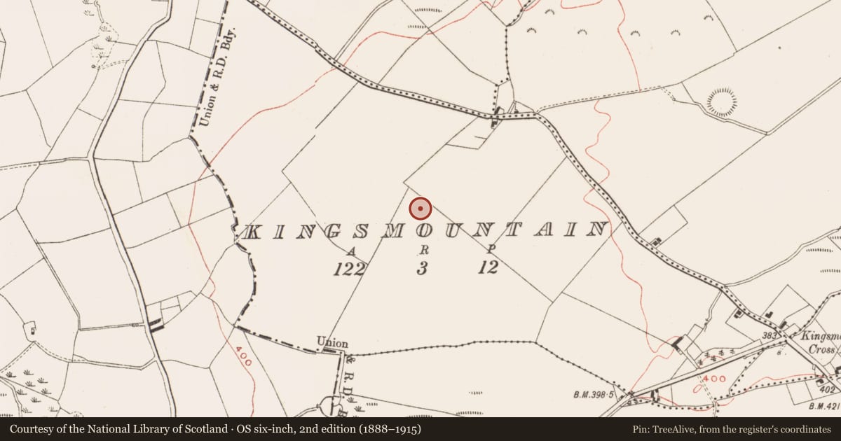 Ordnance Survey six-inch map, 2nd edition (1888–1915) covering the location of Passage tomb art, Kingsmountain, County Meath, with a pin at the register's coordinates
