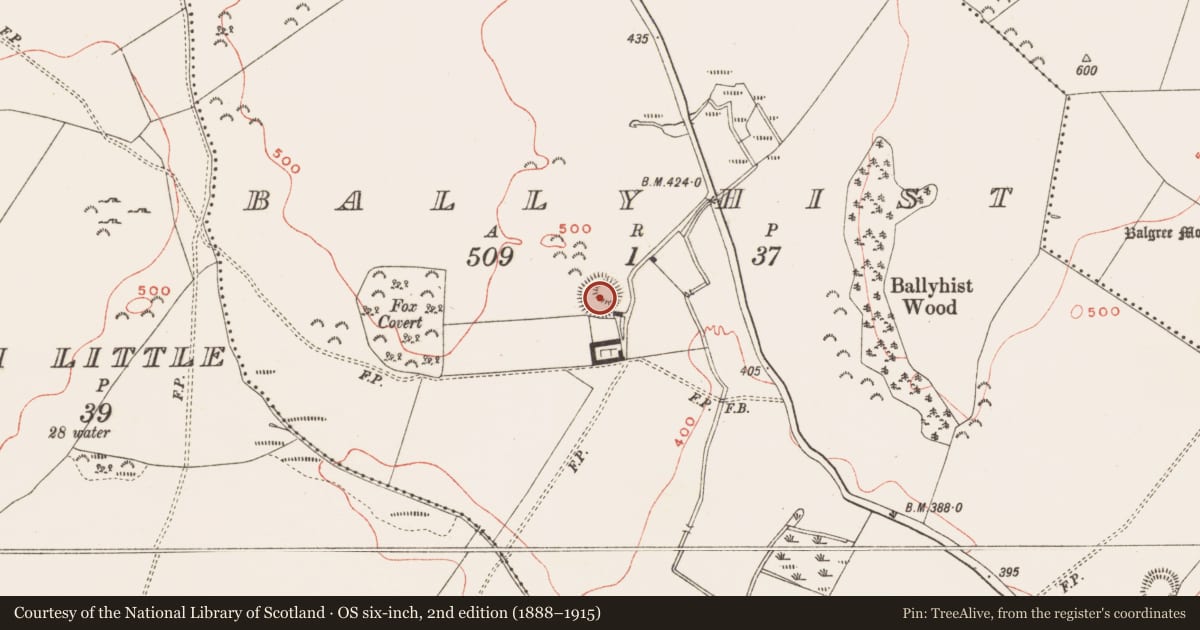 Ordnance Survey six-inch map, 2nd edition (1888–1915) covering the location of Castle - motte and bailey, Ballyhist, County Meath, with a pin at the register's coordinates