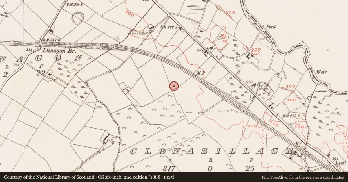 Ordnance Survey six-inch map, 2nd edition (1888–1915) covering the location of Cairn - unclassified, Clonasillagh, County Meath, with a pin at the register's coordinates