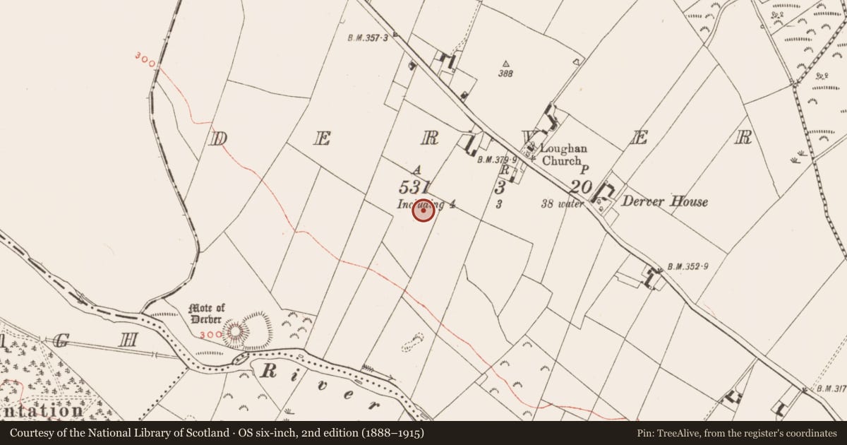 Ordnance Survey six-inch map, 2nd edition (1888–1915) covering the location of Hearth, Derver, County Meath, with a pin at the register's coordinates