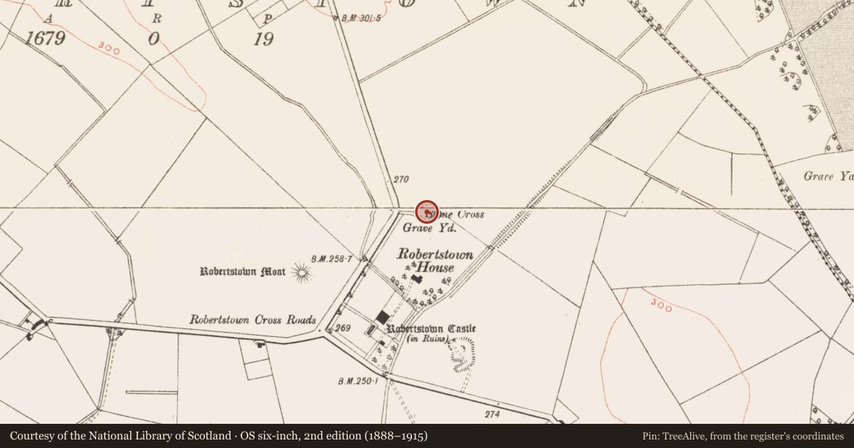 Ordnance Survey six-inch map, 2nd edition (1888–1915) covering the location of Church, Robertstown, County Meath, with a pin at the register's coordinates