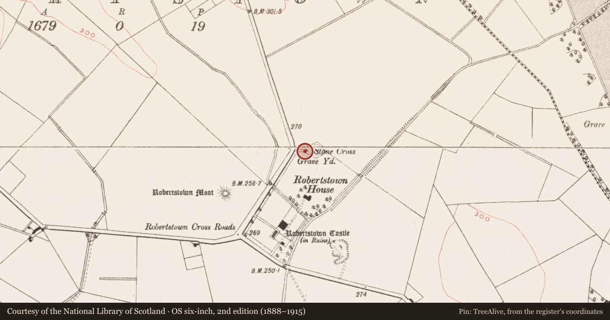 Ordnance Survey six-inch map, 2nd edition (1888–1915) covering the location of Cross - Churchyard cross, Robertstown, County Meath, with a pin at the register's coordinates