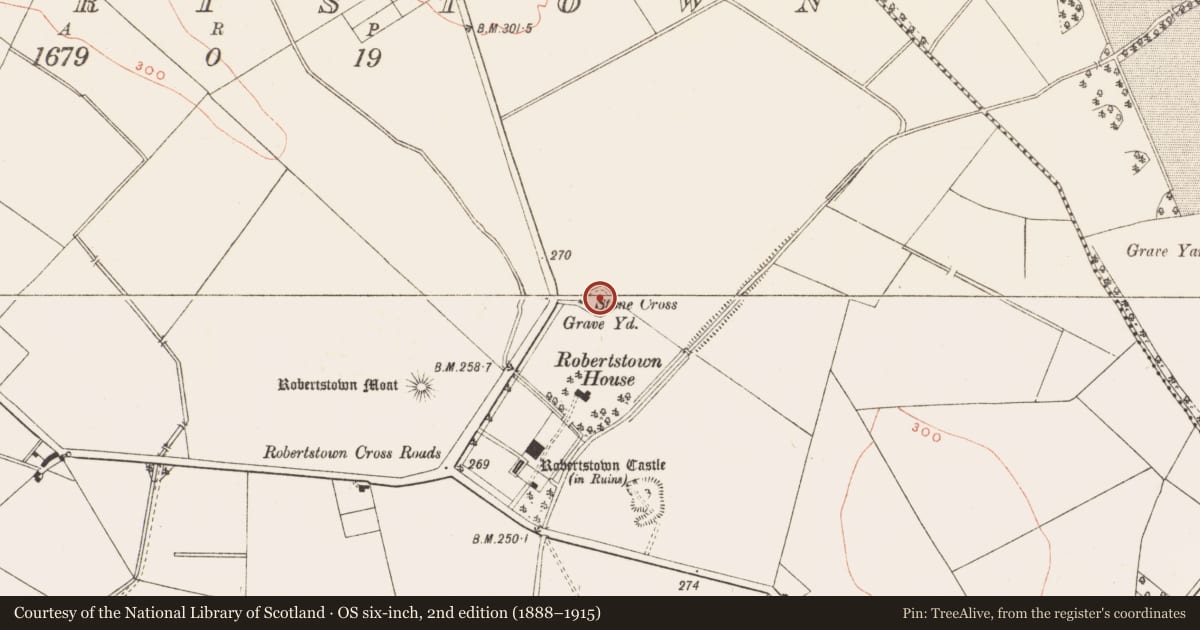 Ordnance Survey six-inch map, 2nd edition (1888–1915) covering the location of Graveslab, Robertstown, County Meath, with a pin at the register's coordinates