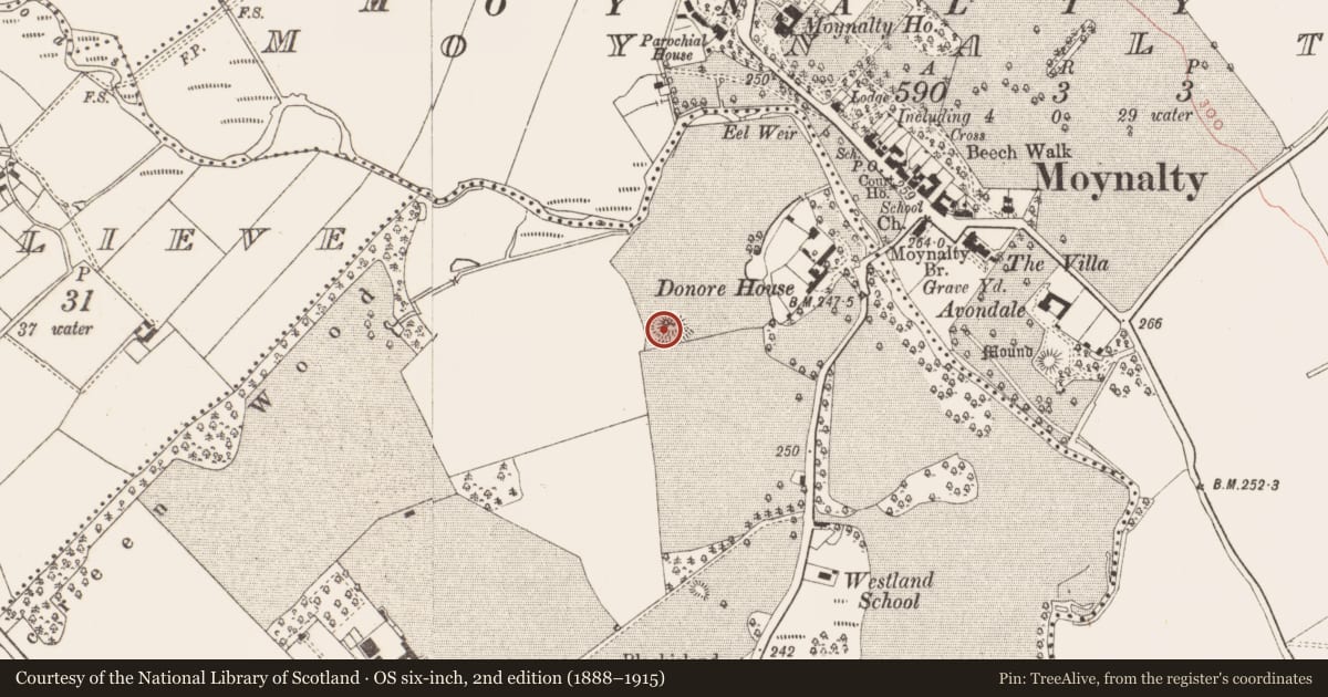 Ordnance Survey six-inch map, 2nd edition (1888–1915) covering the location of Mound, Donore, County Meath, with a pin at the register's coordinates