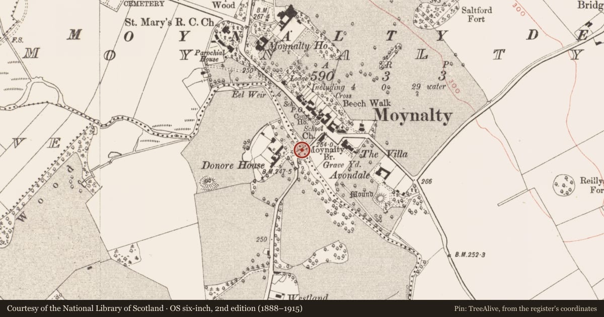 Ordnance Survey six-inch map, 2nd edition (1888–1915) covering the location of Bridge, Donore, Moynalty, County Meath, with a pin at the register's coordinates