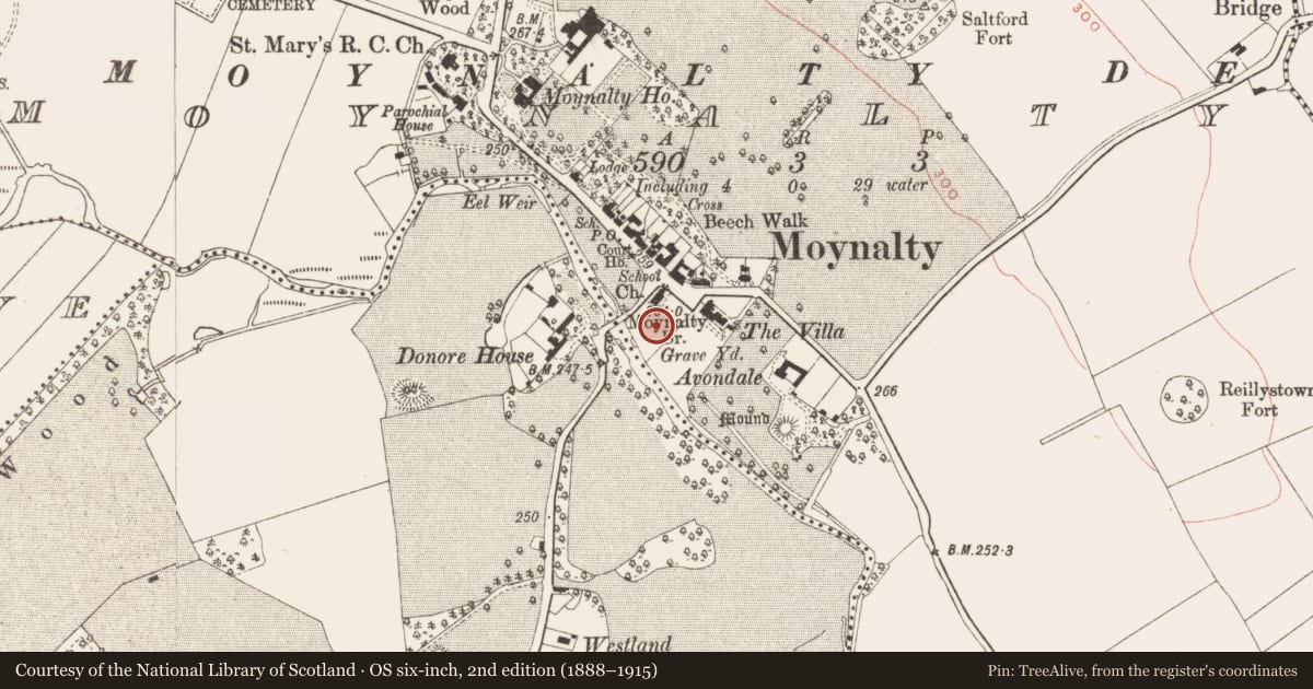Ordnance Survey six-inch map, 2nd edition (1888–1915) covering the location of Graveyard, Moynalty, County Meath, with a pin at the register's coordinates