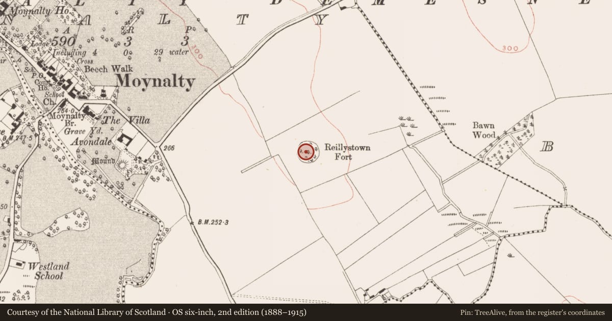 Ordnance Survey six-inch map, 2nd edition (1888–1915) covering the location of Ringfort - rath, Moynalty, County Meath, with a pin at the register's coordinates