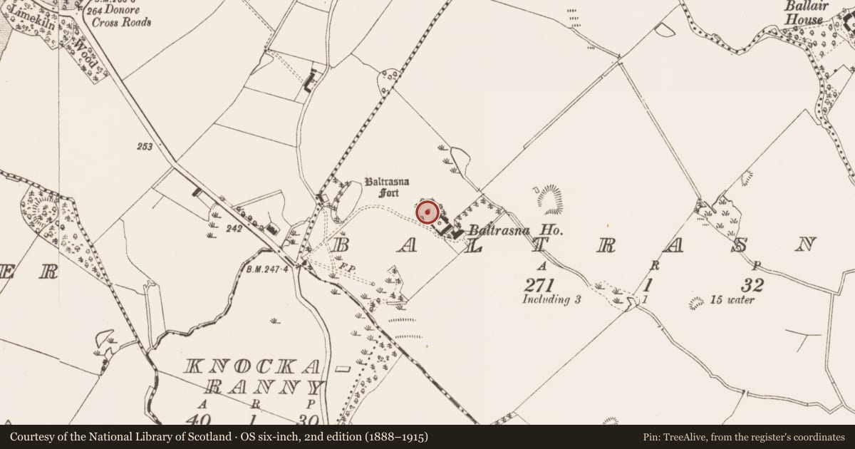 Ordnance Survey six-inch map, 2nd edition (1888–1915) covering the location of Enclosure, Baltrasna, County Meath, with a pin at the register's coordinates
