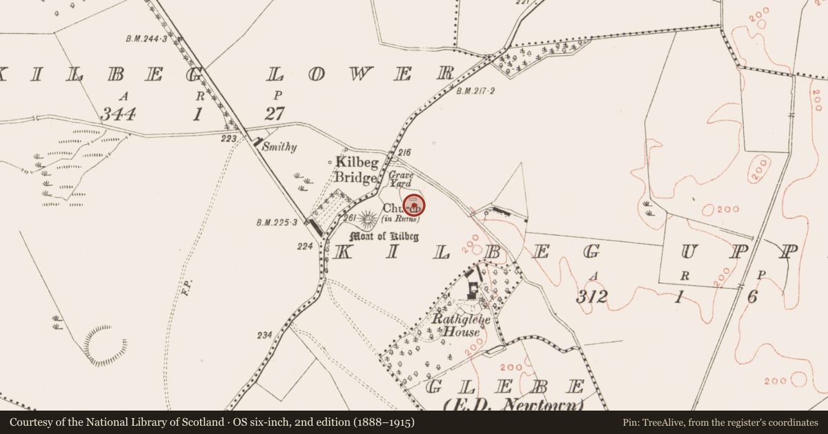Ordnance Survey six-inch map, 2nd edition (1888–1915) covering the location of Graveyard, Kilbeg Upper, County Meath, with a pin at the register's coordinates