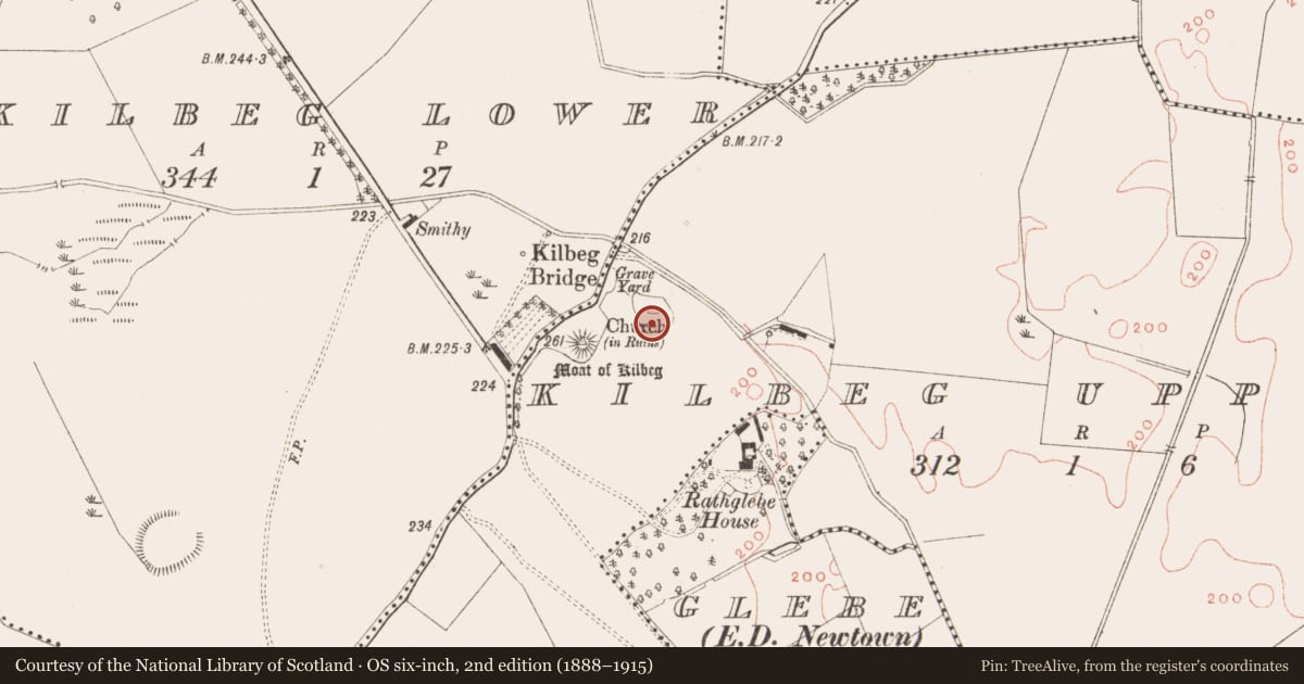 Ordnance Survey six-inch map, 2nd edition (1888–1915) covering the location of Sundial, Kilbeg Upper, County Meath, with a pin at the register's coordinates