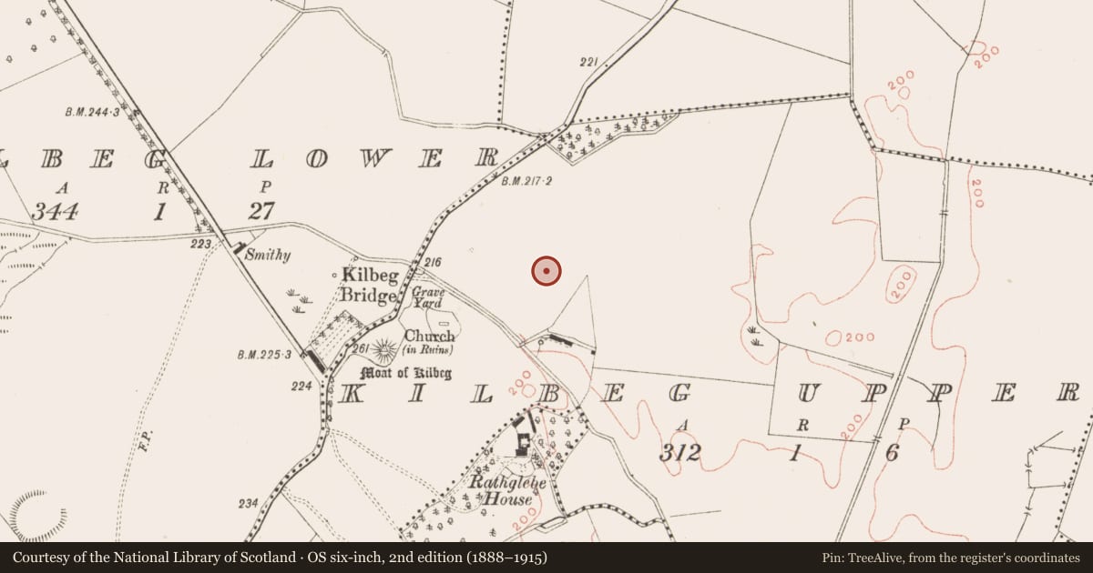 Ordnance Survey six-inch map, 2nd edition (1888–1915) covering the location of Earthwork, Kilbeg Upper, County Meath, with a pin at the register's coordinates