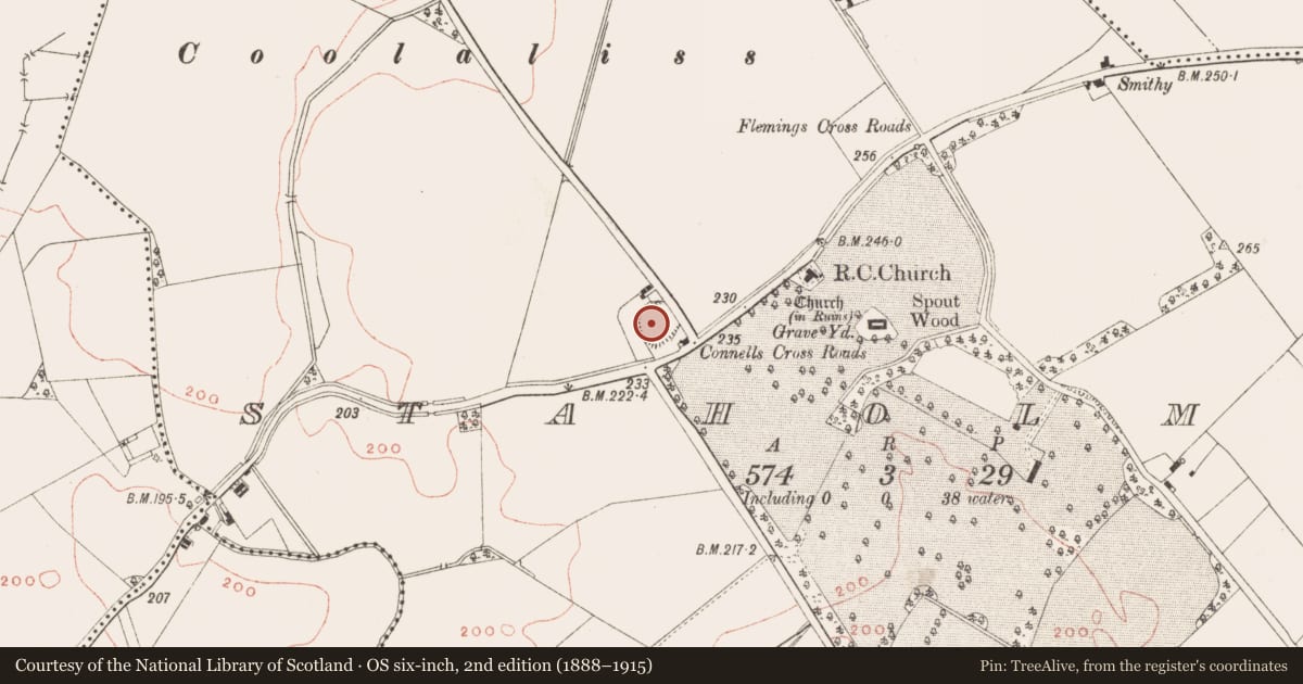 Ordnance Survey six-inch map, 2nd edition (1888–1915) covering the location of Castle - ringwork, Staholmog, County Meath, with a pin at the register's coordinates