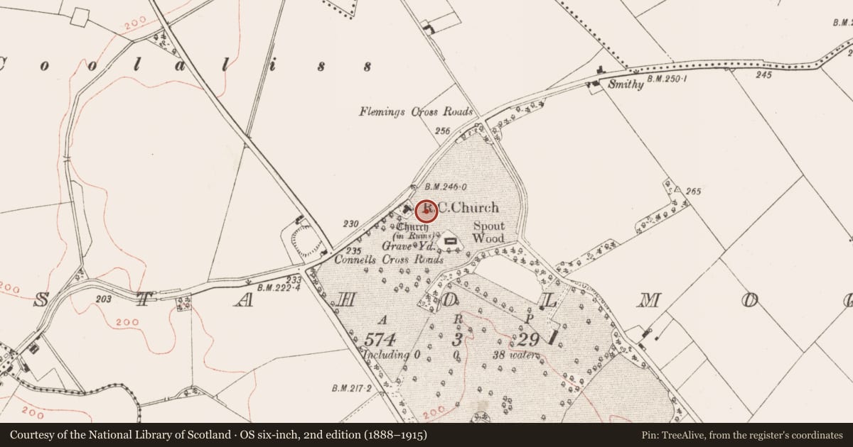 Ordnance Survey six-inch map, 2nd edition (1888–1915) covering the location of Stone sculpture (present location), Staholmog, County Meath, with a pin at the register's coordinates