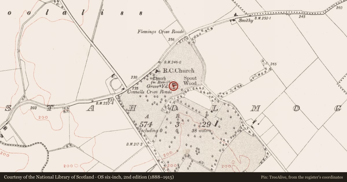 Ordnance Survey six-inch map, 2nd edition (1888–1915) covering the location of Graveyard, Staholmog, County Meath, with a pin at the register's coordinates
