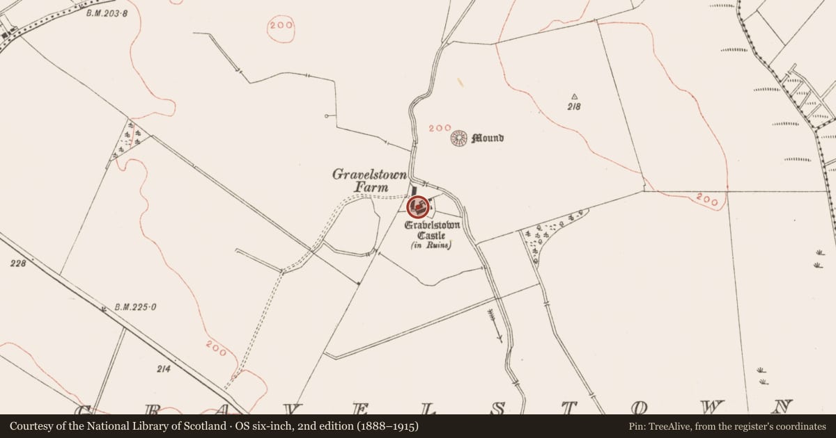 Ordnance Survey six-inch map, 2nd edition (1888–1915) covering the location of Castle - unclassified, Gravelstown, County Meath, with a pin at the register's coordinates