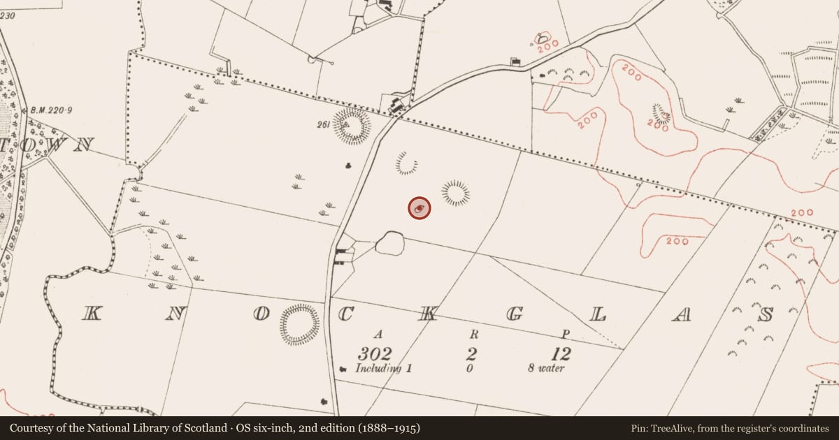Ordnance Survey six-inch map, 2nd edition (1888–1915) covering the location of Fulacht fia, Knockglass, County Meath, with a pin at the register's coordinates