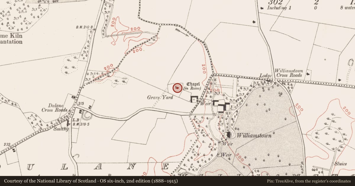Ordnance Survey six-inch map, 2nd edition (1888–1915) covering the location of Church, Dulane, County Meath, with a pin at the register's coordinates
