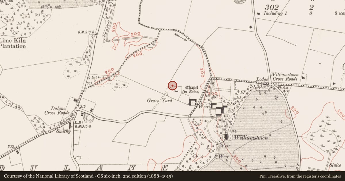 Ordnance Survey six-inch map, 2nd edition (1888–1915) covering the location of Ecclesiastical enclosure, Dulane, County Meath, with a pin at the register's coordinates