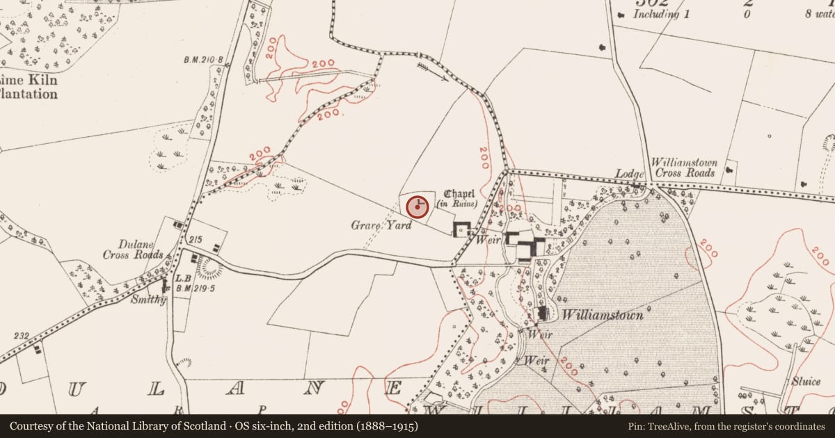 Ordnance Survey six-inch map, 2nd edition (1888–1915) covering the location of Graveyard, Dulane, County Meath, with a pin at the register's coordinates