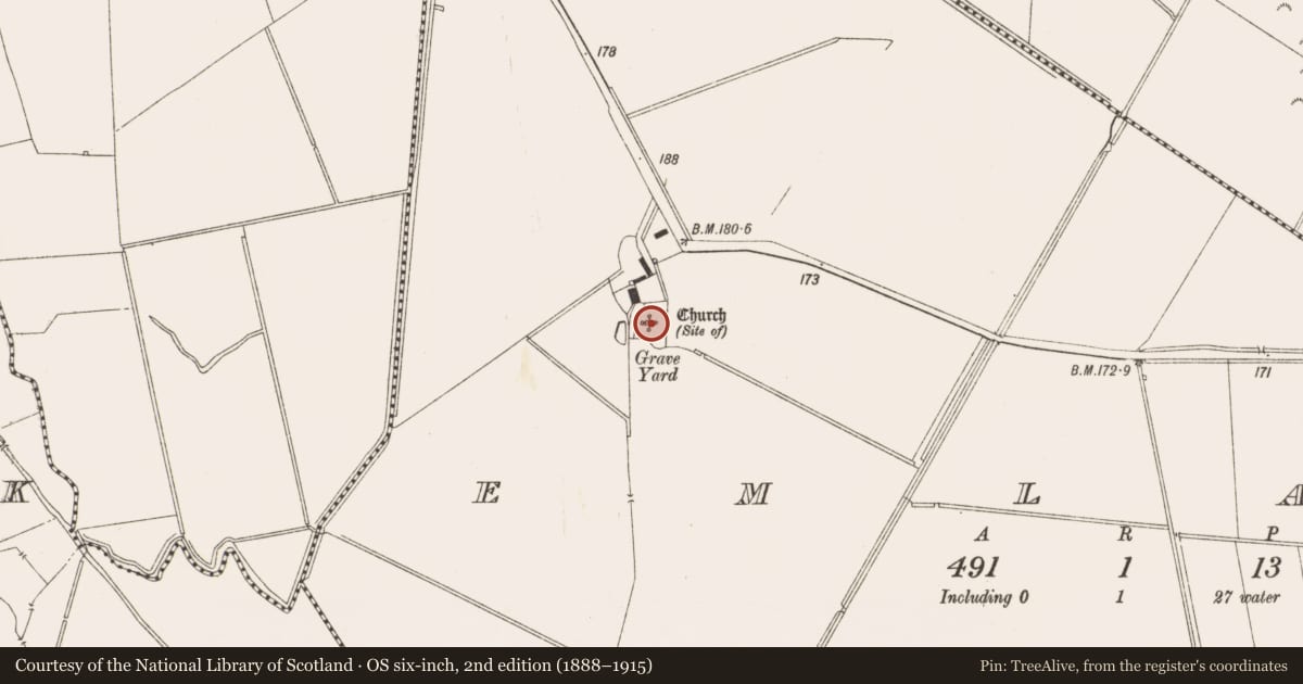 Ordnance Survey six-inch map, 2nd edition (1888–1915) covering the location of Ecclesiastical enclosure, Emlagh, County Meath, with a pin at the register's coordinates