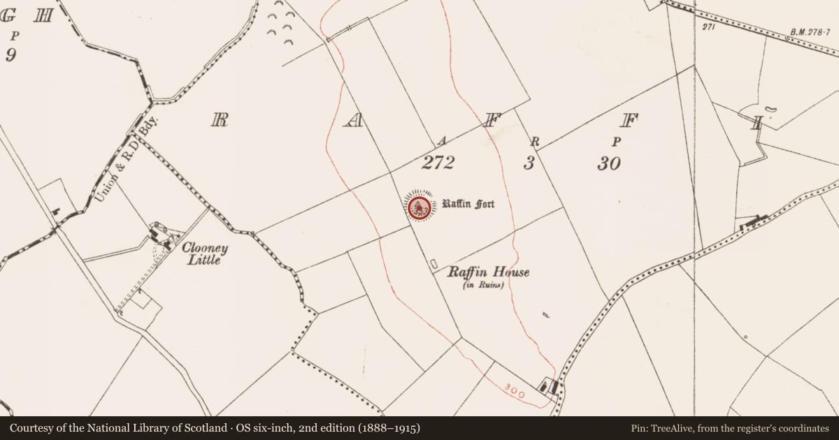 Ordnance Survey six-inch map, 2nd edition (1888–1915) covering the location of Ceremonial enclosure, Raffin, County Meath, with a pin at the register's coordinates