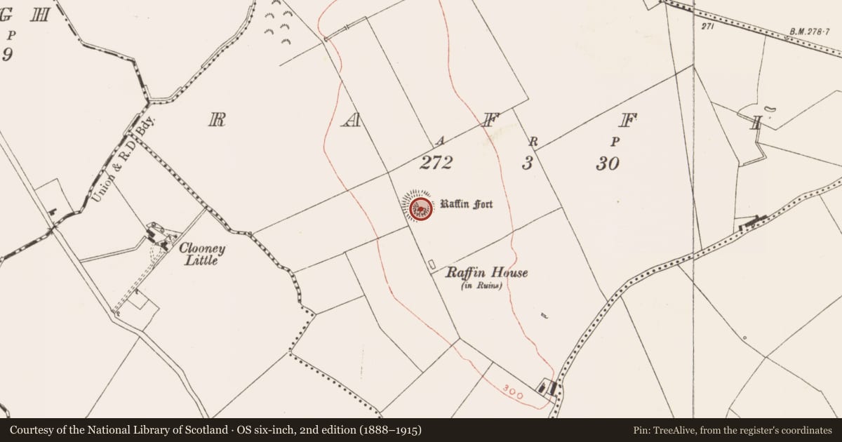 Ordnance Survey six-inch map, 2nd edition (1888–1915) covering the location of Enclosure, Raffin, County Meath, with a pin at the register's coordinates