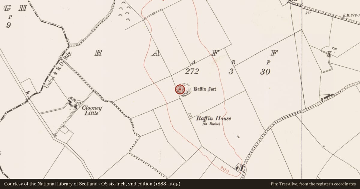 Ordnance Survey six-inch map, 2nd edition (1888–1915) covering the location of Hut site, Raffin, County Meath, with a pin at the register's coordinates