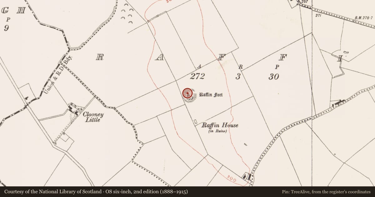 Ordnance Survey six-inch map, 2nd edition (1888–1915) covering the location of Burial, Raffin, County Meath, with a pin at the register's coordinates