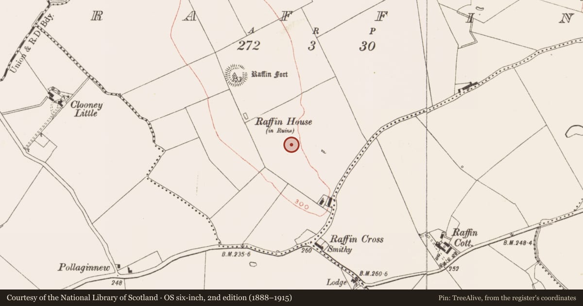 Ordnance Survey six-inch map, 2nd edition (1888–1915) covering the location of Field system, Raffin, County Meath, with a pin at the register's coordinates
