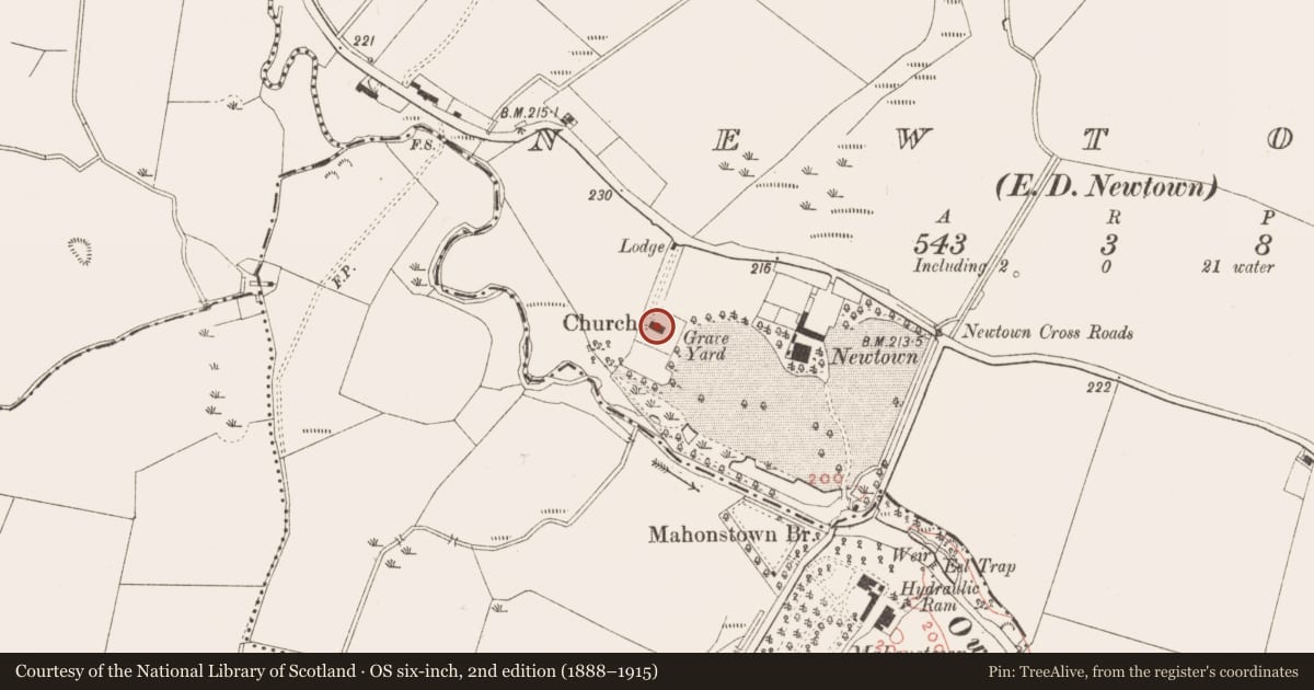 Ordnance Survey six-inch map, 2nd edition (1888–1915) covering the location of Church, Newtown, County Meath, with a pin at the register's coordinates