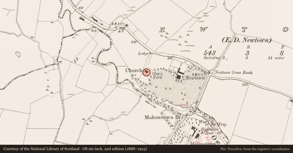 Ordnance Survey six-inch map, 2nd edition (1888–1915) covering the location of Graveyard, Newtown, County Meath, with a pin at the register's coordinates