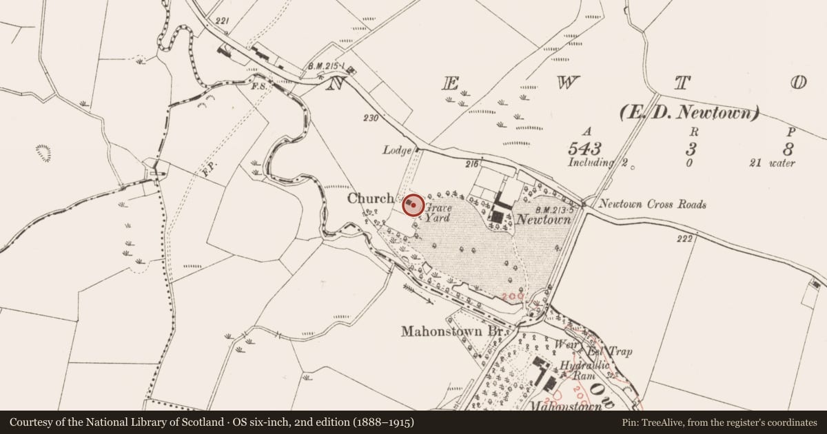 Ordnance Survey six-inch map, 2nd edition (1888–1915) covering the location of Cross-inscribed stone, Newtown, County Meath, with a pin at the register's coordinates