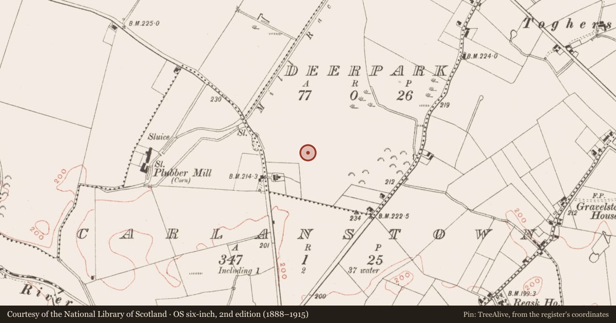 Ordnance Survey six-inch map, 2nd edition (1888–1915) covering the location of Enclosure, Deerpark, County Meath, with a pin at the register's coordinates