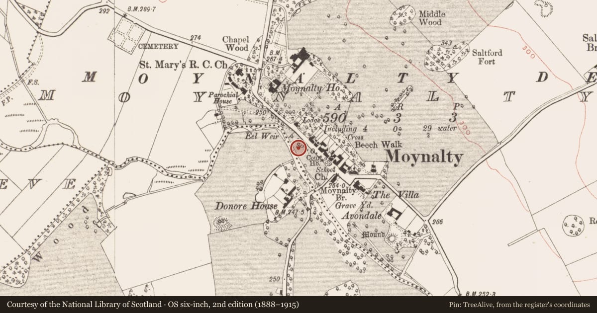 Ordnance Survey six-inch map, 2nd edition (1888–1915) covering the location of Kiln - corn-drying, Moynalty, County Meath, with a pin at the register's coordinates