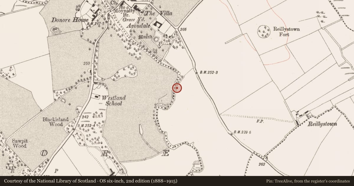 Ordnance Survey six-inch map, 2nd edition (1888–1915) covering the location of Burnt mound, Moynalty, County Meath, with a pin at the register's coordinates