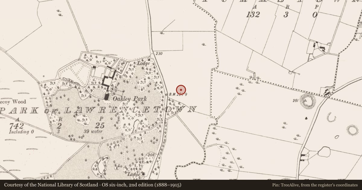 Ordnance Survey six-inch map, 2nd edition (1888–1915) covering the location of Enclosure, Oakleypark Or Lawrencetown, County Meath, with a pin at the register's coordinates