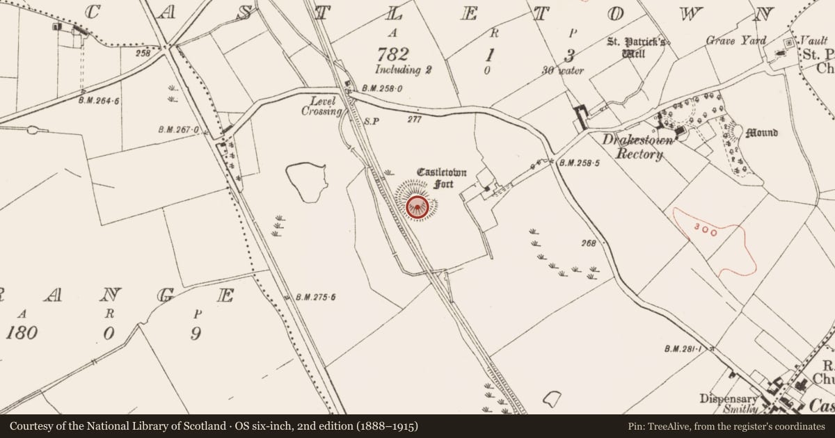 Ordnance Survey six-inch map, 2nd edition (1888–1915) covering the location of Castle - motte and bailey, Castletown, County Meath, with a pin at the register's coordinates