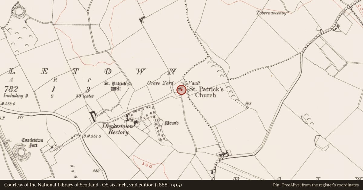 Ordnance Survey six-inch map, 2nd edition (1888–1915) covering the location of Graveyard, Castletown, County Meath, with a pin at the register's coordinates